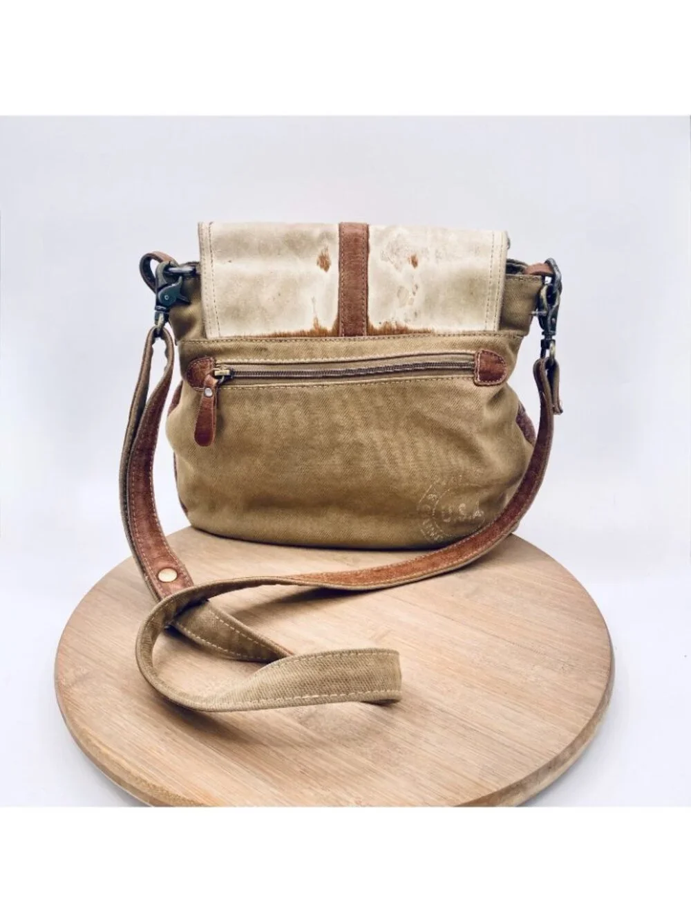 Myra Crossbody Bag Tan Canvas Leather Fold Over Purse Large Western Boho